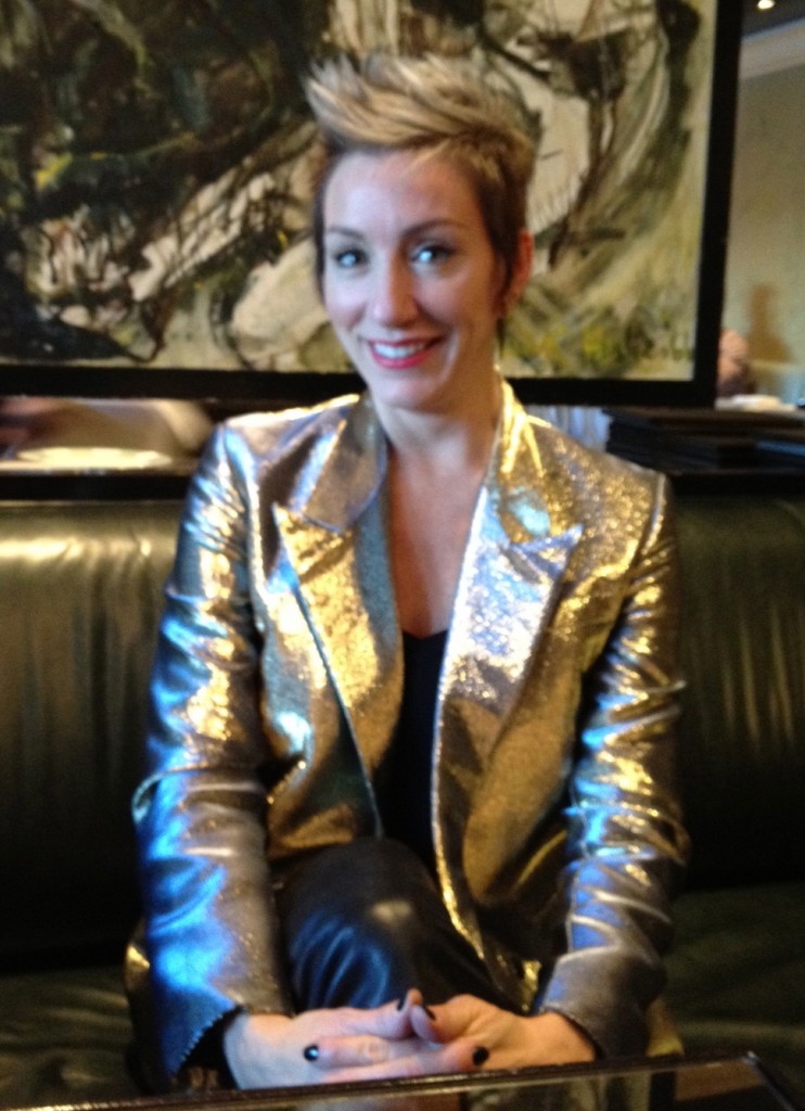 Jslow sparkles in her Kim Gordon for Surface-To-Air gold blazer, purchased from Owen in NYC.